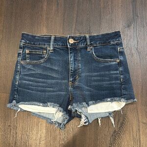 Dark Blue Denim Frayed Hem Women's Shorts